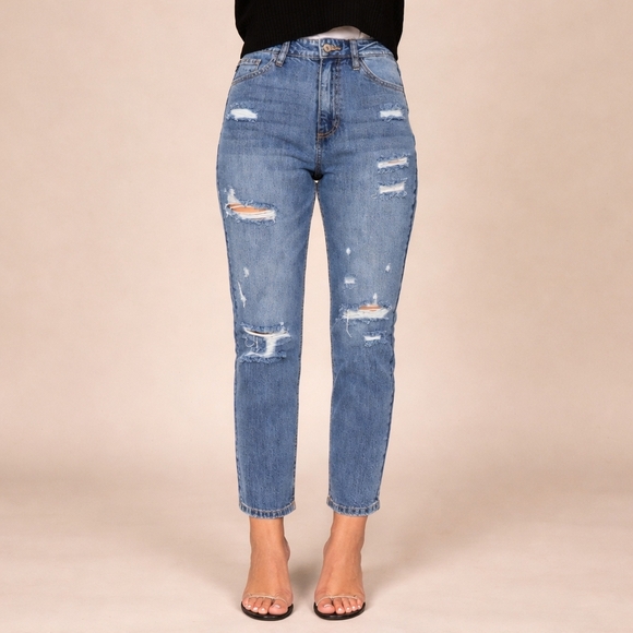 KanCan Denim - KanCan Bobbie Ultra High Waist Distressed Rigid Denim Jeans Straight Relax 13/30